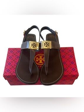 Tory Burch Kelsey Thong Slingback Sandals Brown Gold Logo 10